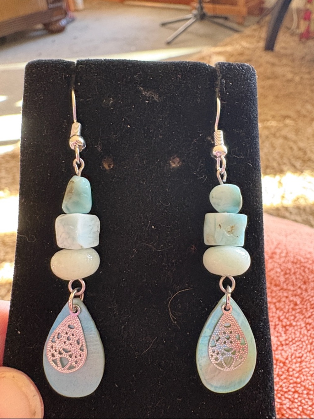 Hand Crafted Larimar Stone Beaded Drop Earrings